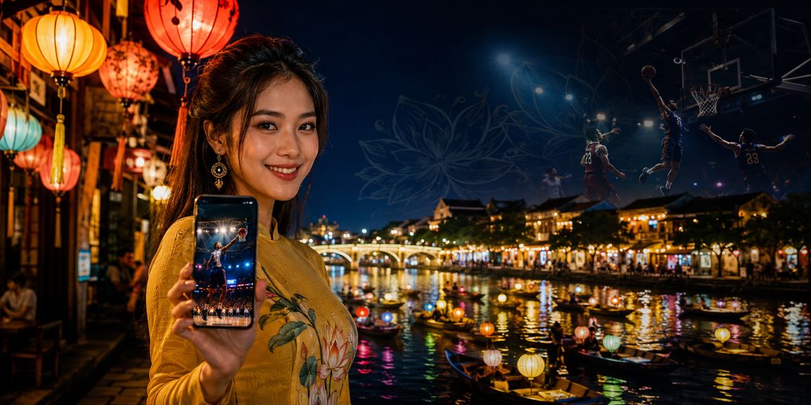 Cảnh chợ đêm Hội An với người chơi theo dõi trận bóng rổ trên điện thoại